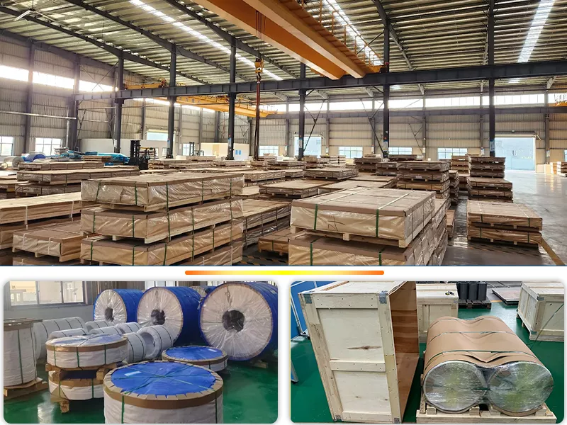Export packaging for aluminum sheet coil foil strip and circle products with seaworthy wooden pallets and moisture-proof protection