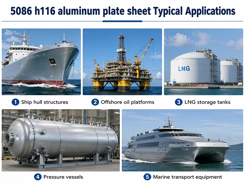 5086 H116 aluminum plate sheet used in ship hull structures, offshore oil platforms, LNG storage tanks, and marine engineering applications