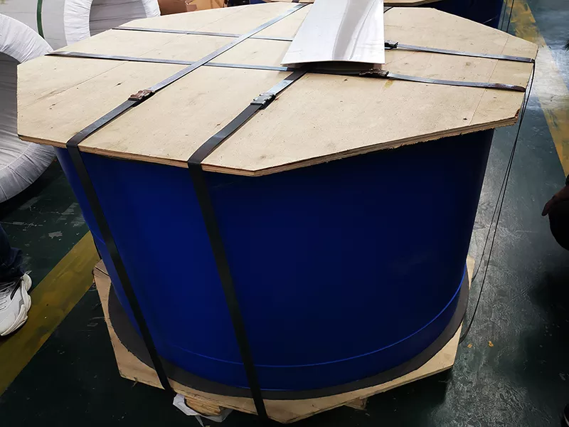 aluminum strip packaging for export shipment with protective wrapping and wooden pallet support
