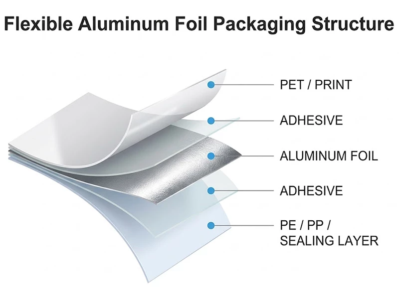 Flexible aluminum foil packaging structure showing PET, adhesive, aluminum foil and PE or PP sealing layers