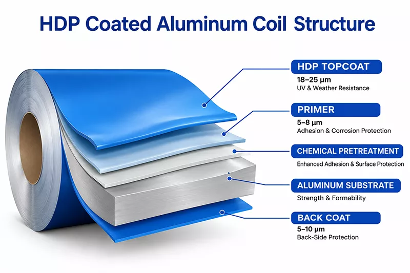 HDP coated aluminum coil structure with topcoat, primer, pretreatment and aluminum substrate