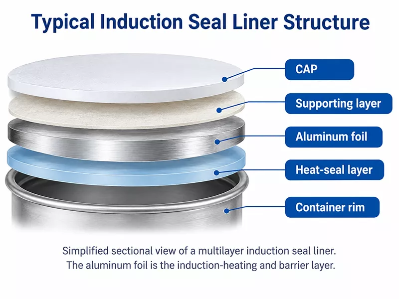 Cross-section of an induction seal liner showing the supporting layer, aluminum foil, heat-seal layer and container rim