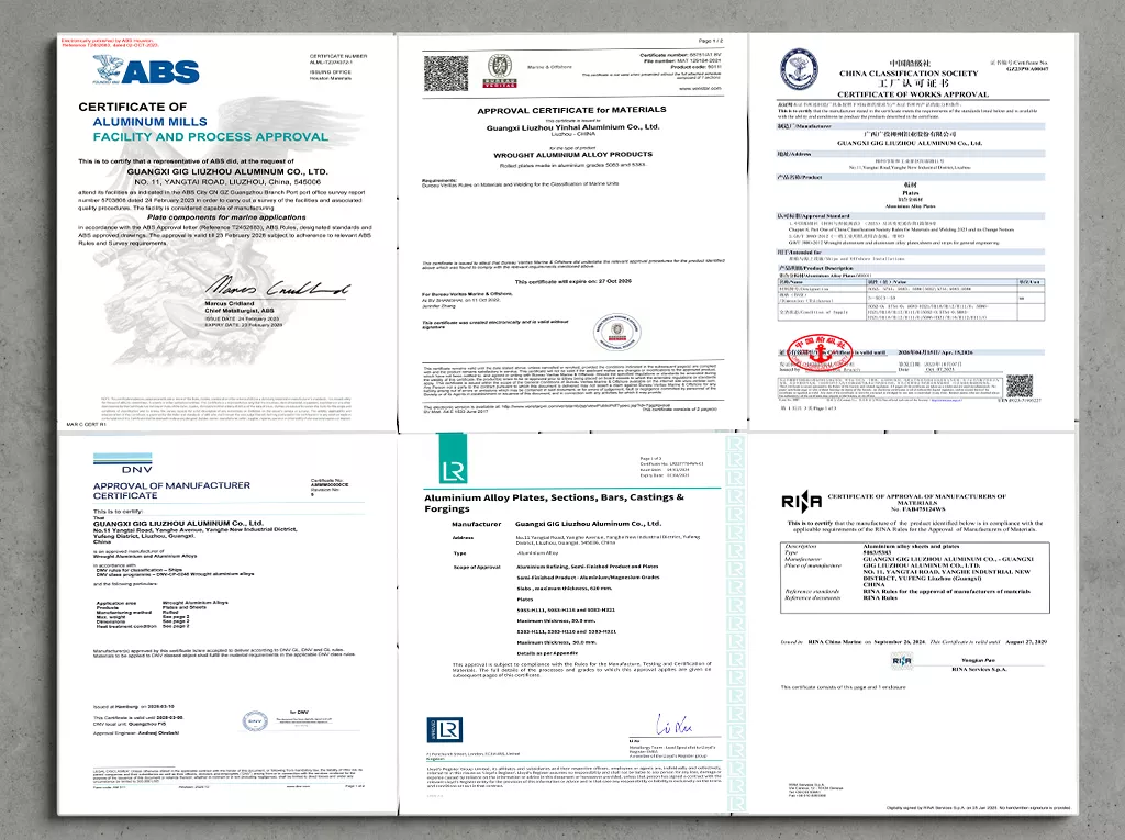 Marine aluminum plate certifications including ABS DNV LR BV CCS and MTC