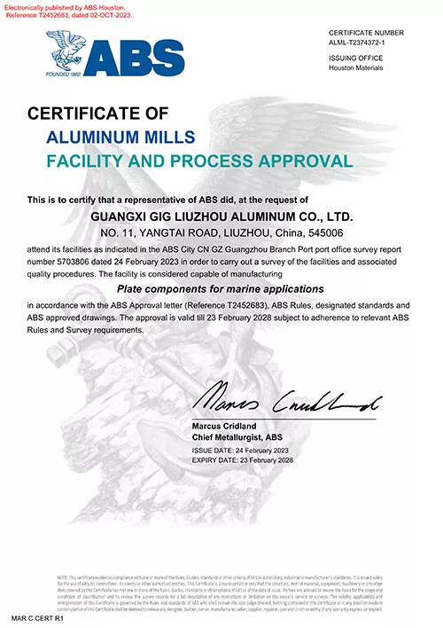 ABS certified marine grade aluminum sheet certificate