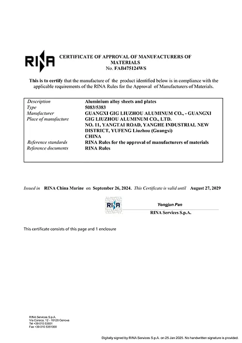 RINA certified marine grade aluminum sheet certificate