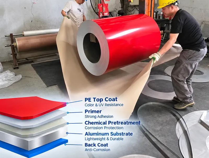 PE coated aluminum coil coating structure including top coat primer aluminum substrate and back coat