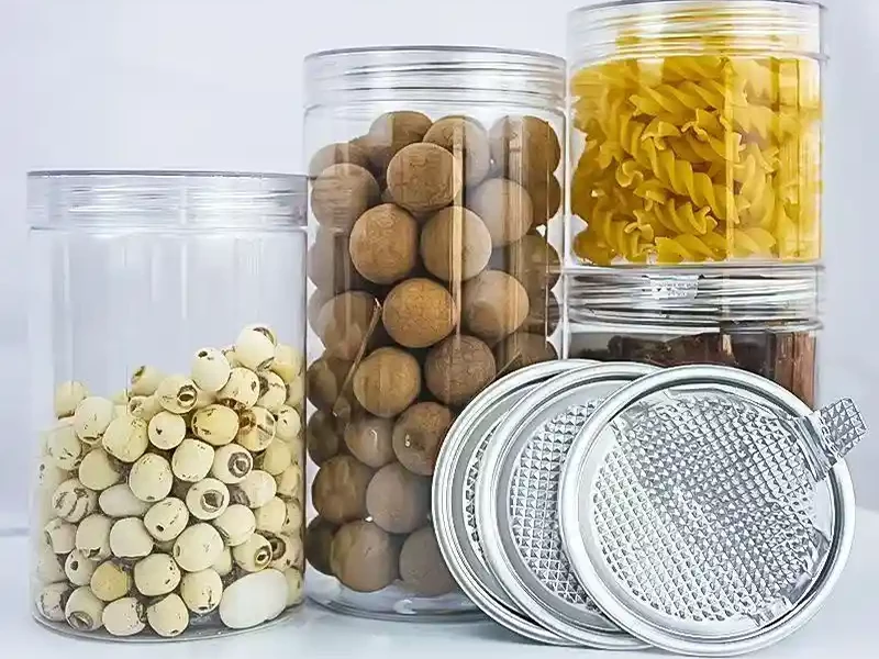 Clear plastic food jars sealed with aluminum POE peel-off ends