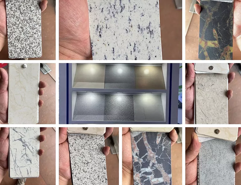 Stone effect aluminum sheet color swatches and physical sample cards