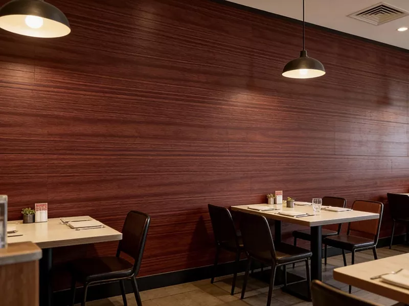 Wood grain aluminum wall panels in a commercial interior