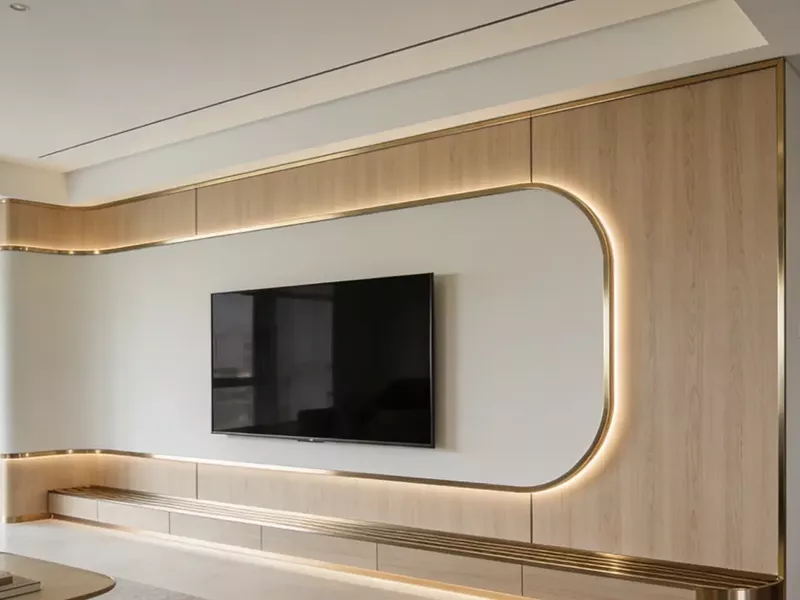Wood grain aluminum feature wall in a modern living room