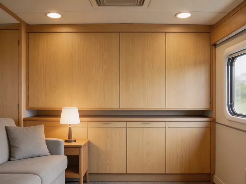 Wood grain aluminum cabinet panels inside an RV